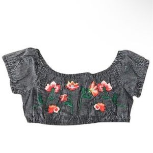 Topshop Check Crop Top 10 Large Black White w Floral Embroidery Off Shoulder NWT